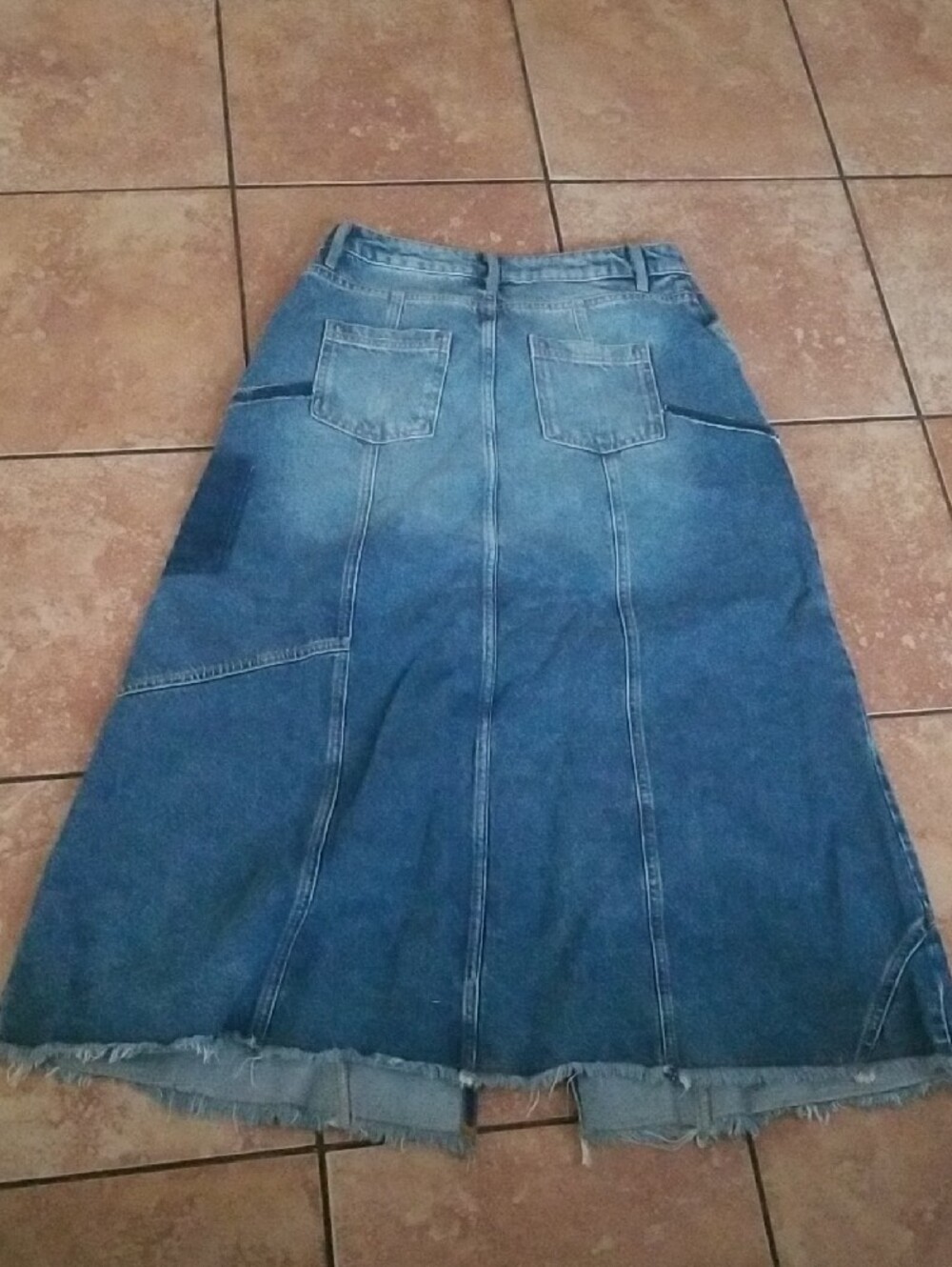 Pilcro Indigo Patchwork Denim Maxi Skirt with Front Slit - Picture 5 of 6